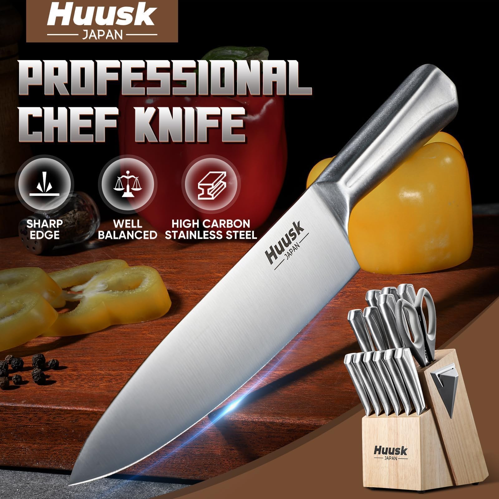 Cuchillo Huusk chef de 7,6 pulgadas con filo preciso para cortes uniformes.