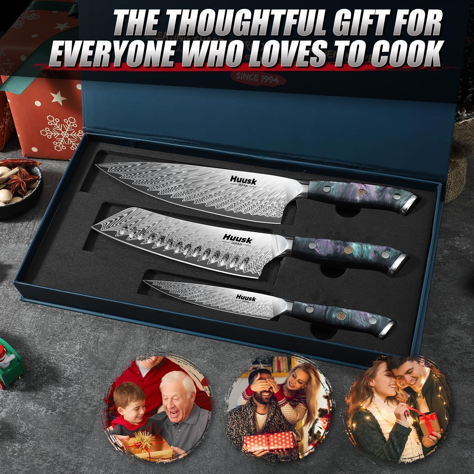Huusk cuchillo chef japonés de alta precisión para carnes y verduras.