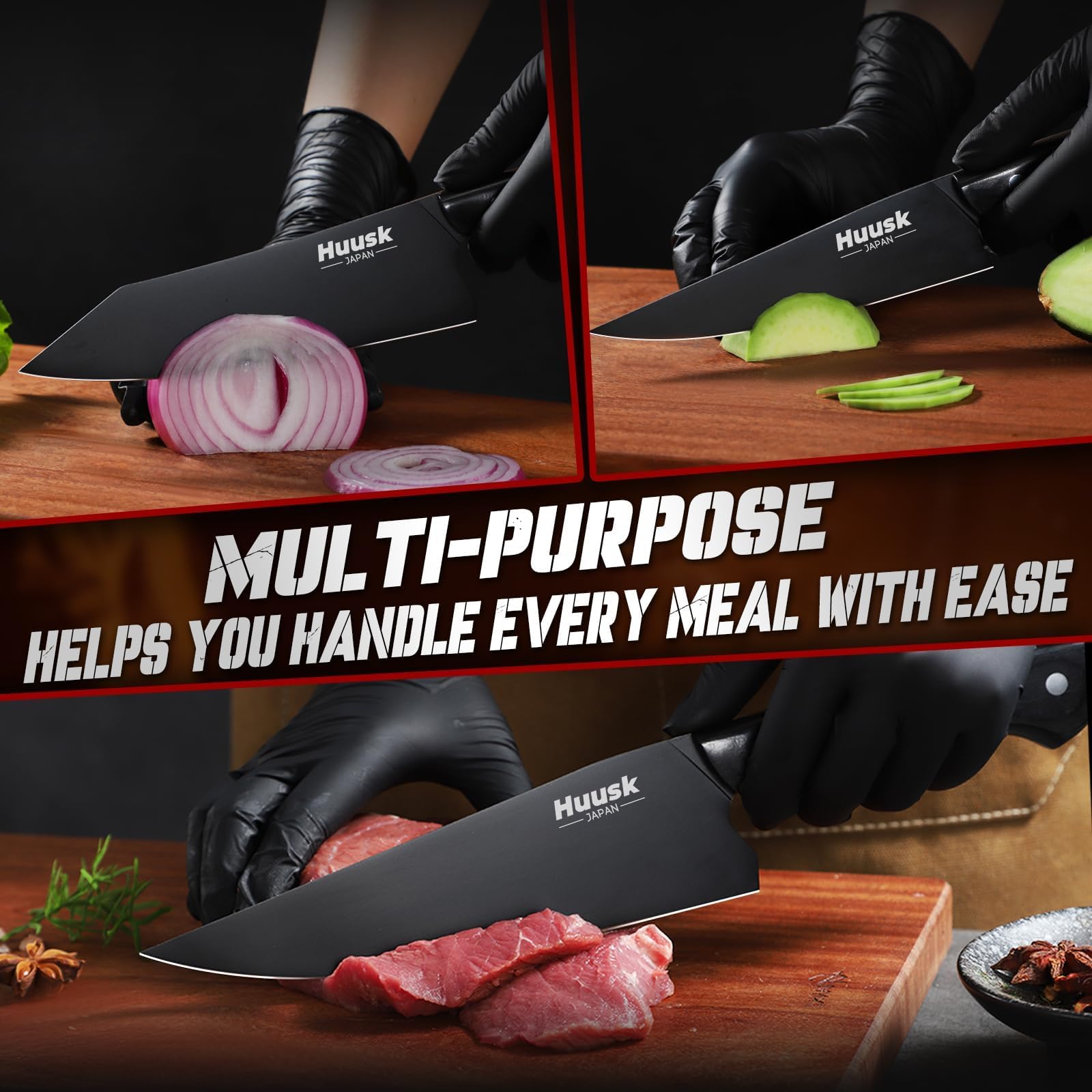 Cuchillo Huusk chef negro con titanio, filo estable para verduras.