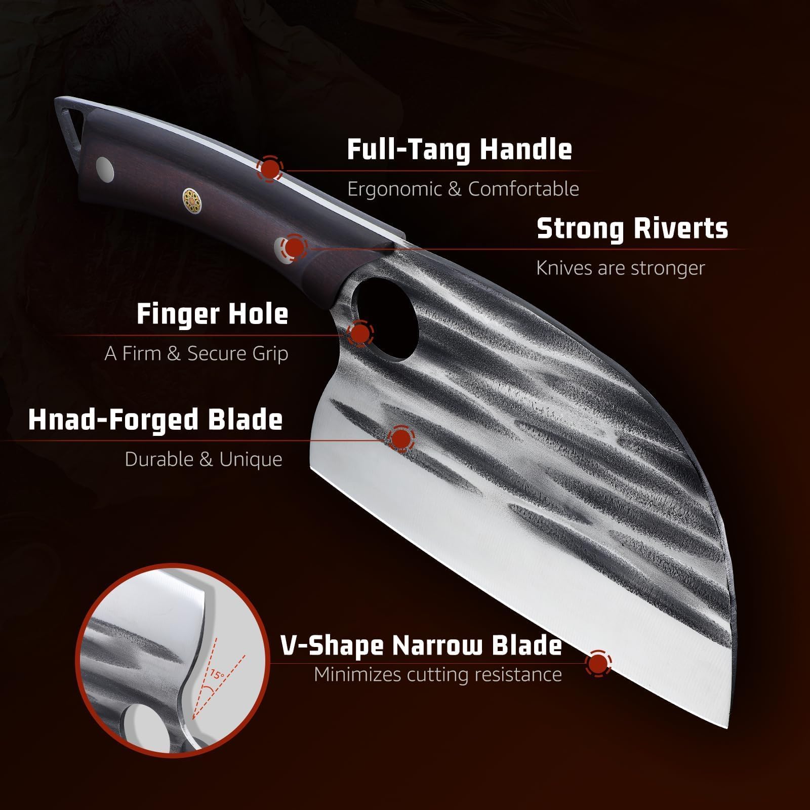 Huusk Cuchillo Chef Serbio Mejorado, hoja martillada anti-pegado facilita cortar carne.