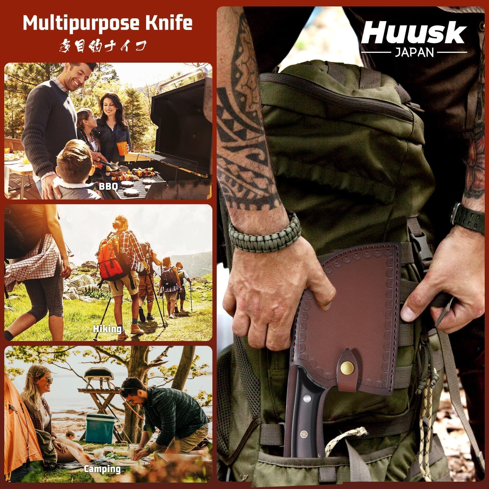 Huusk Cuchillo Chef Serbio Mejorado, uso exterior para parrilla y camping.