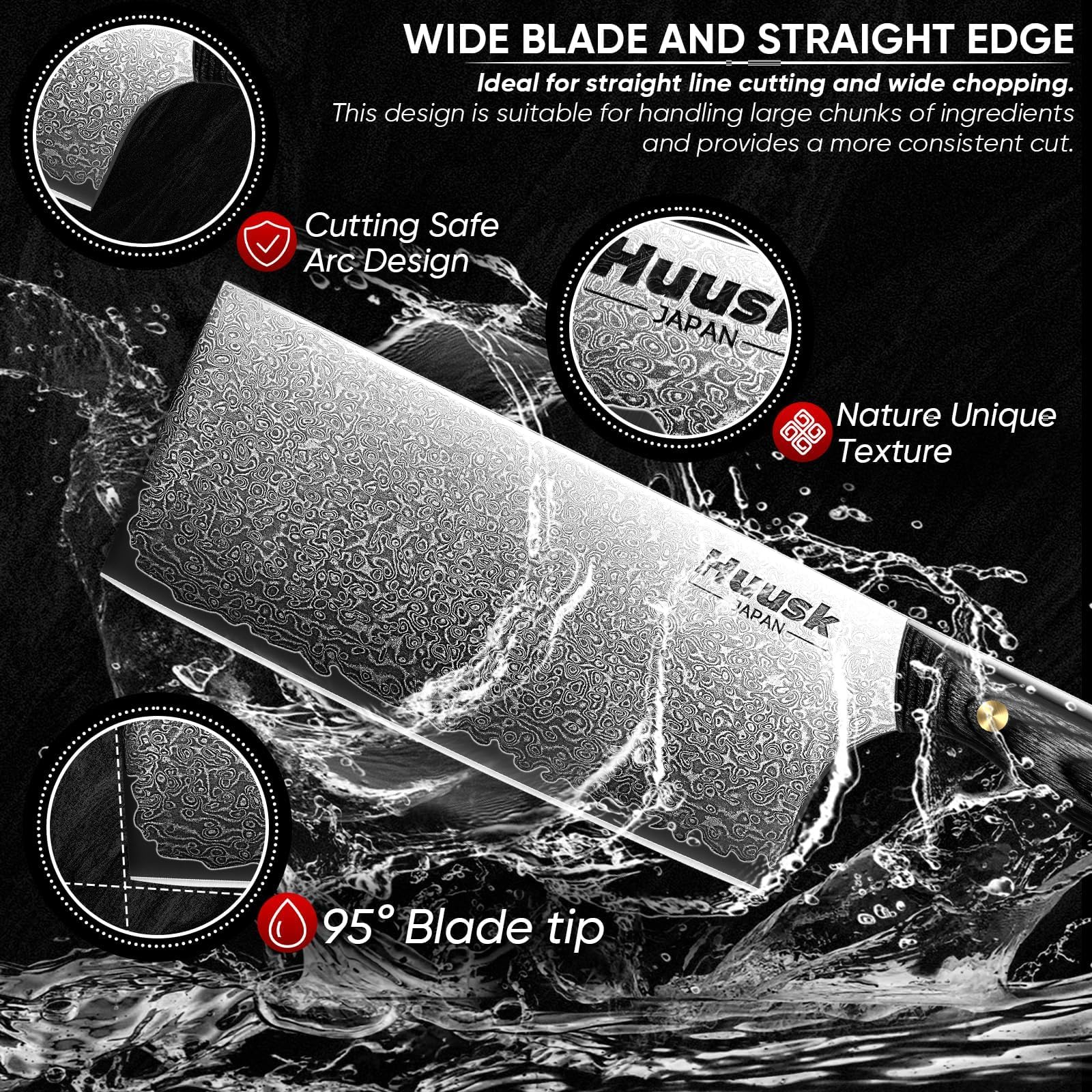 Huusk cuchillo Damascus 7 pulgadas, mango de ébano ergonómico para agarre cómodo