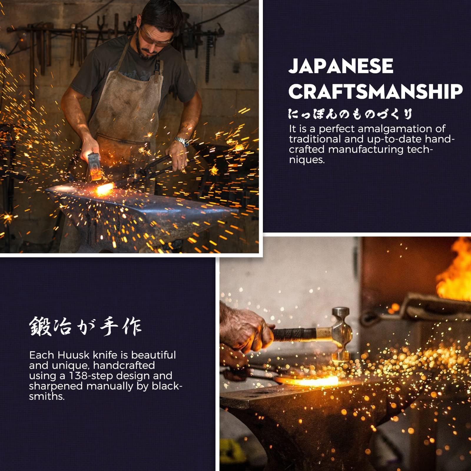 Huusk cuchillo japonés, diseño curvo de la hoja, mayor contacto con la tabla para cortes eficientes.