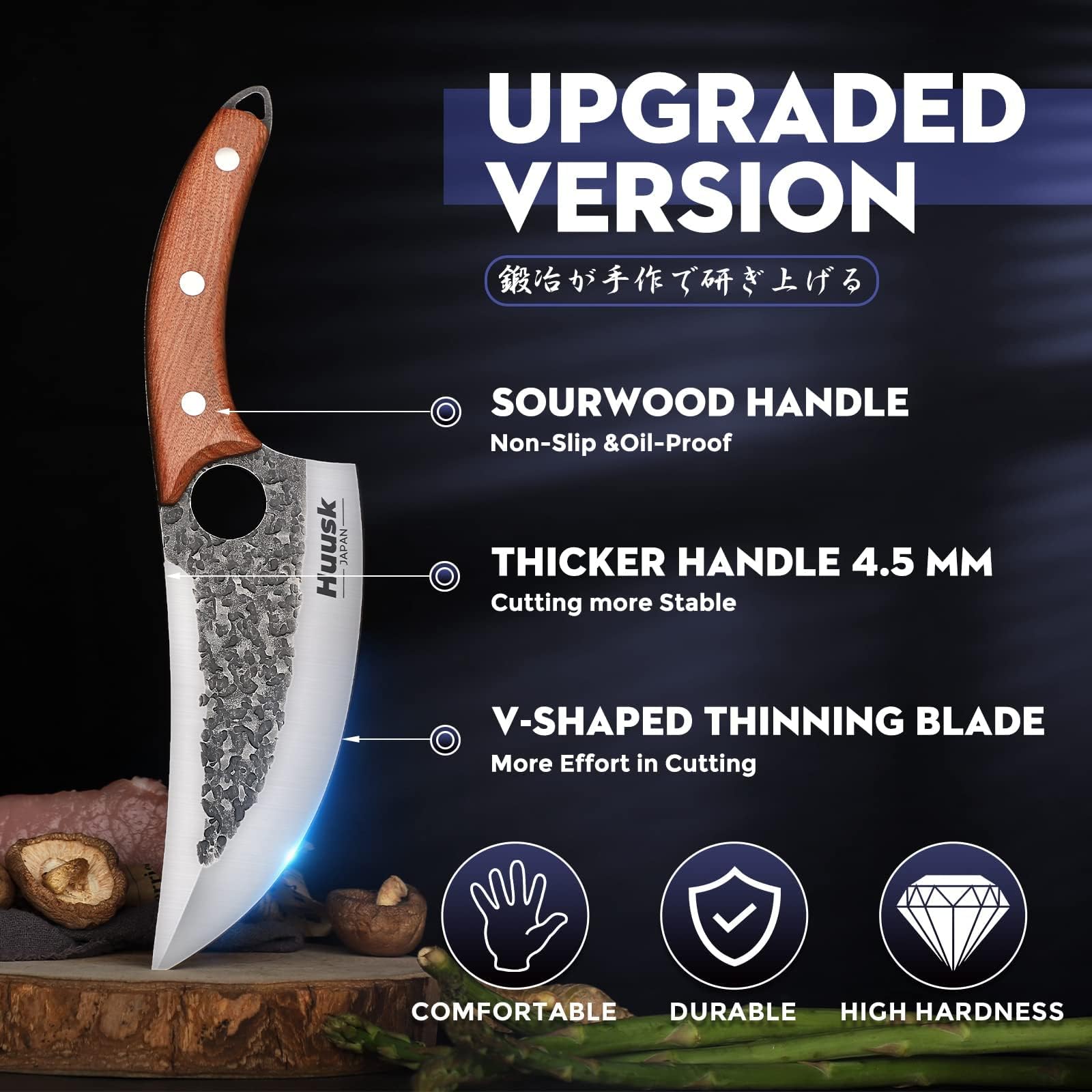 Huusk cuchillo japonés, funda incluida, almacenamiento seguro y transporte cómodo.