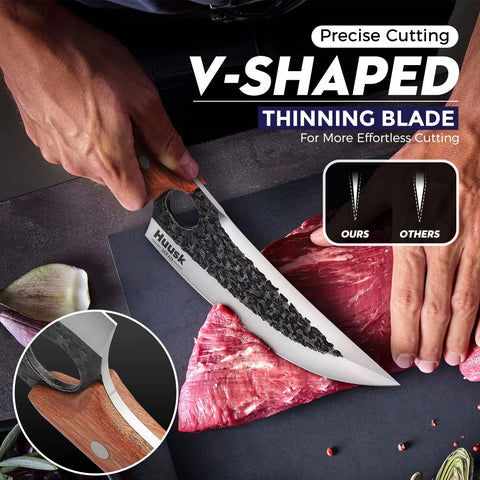 Huusk cuchillo japonés, mango de madera dura, agarre cómodo y seguro durante largas preparaciones.