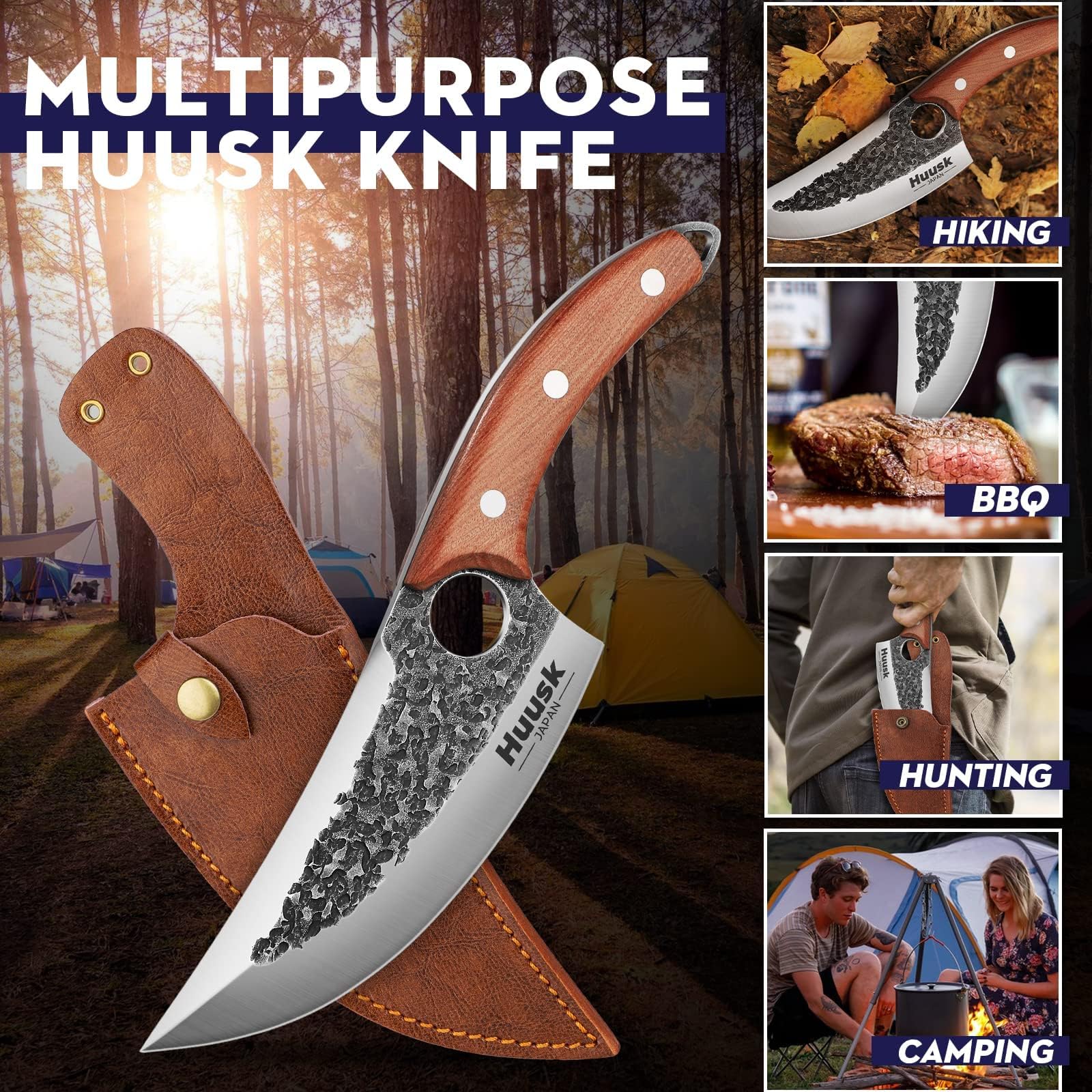 Huusk cuchillo japonés, uso en acampada y cocina al aire libre, rendimiento versátil.
