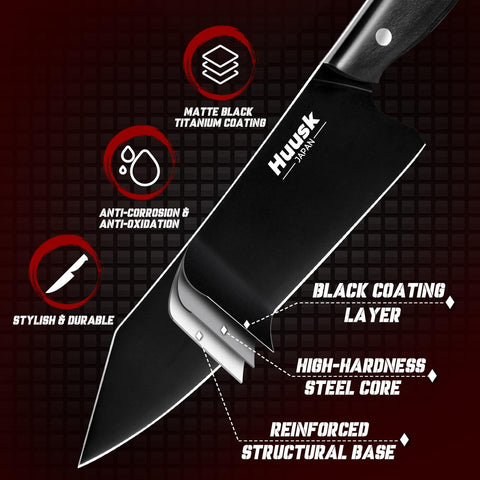 Cuchillo Huusk kirisuke negro titanio, borde resistente para carnes y verduras.
