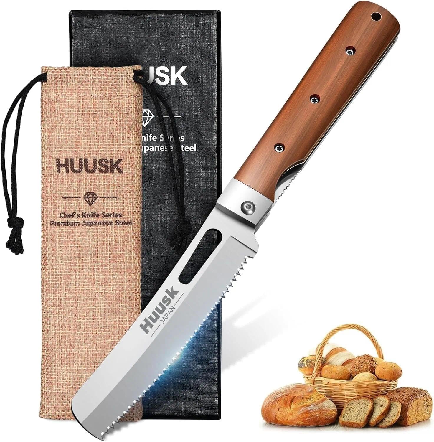 Huusk cuchillo plegable para pan con hoja ondulada y filo preciso