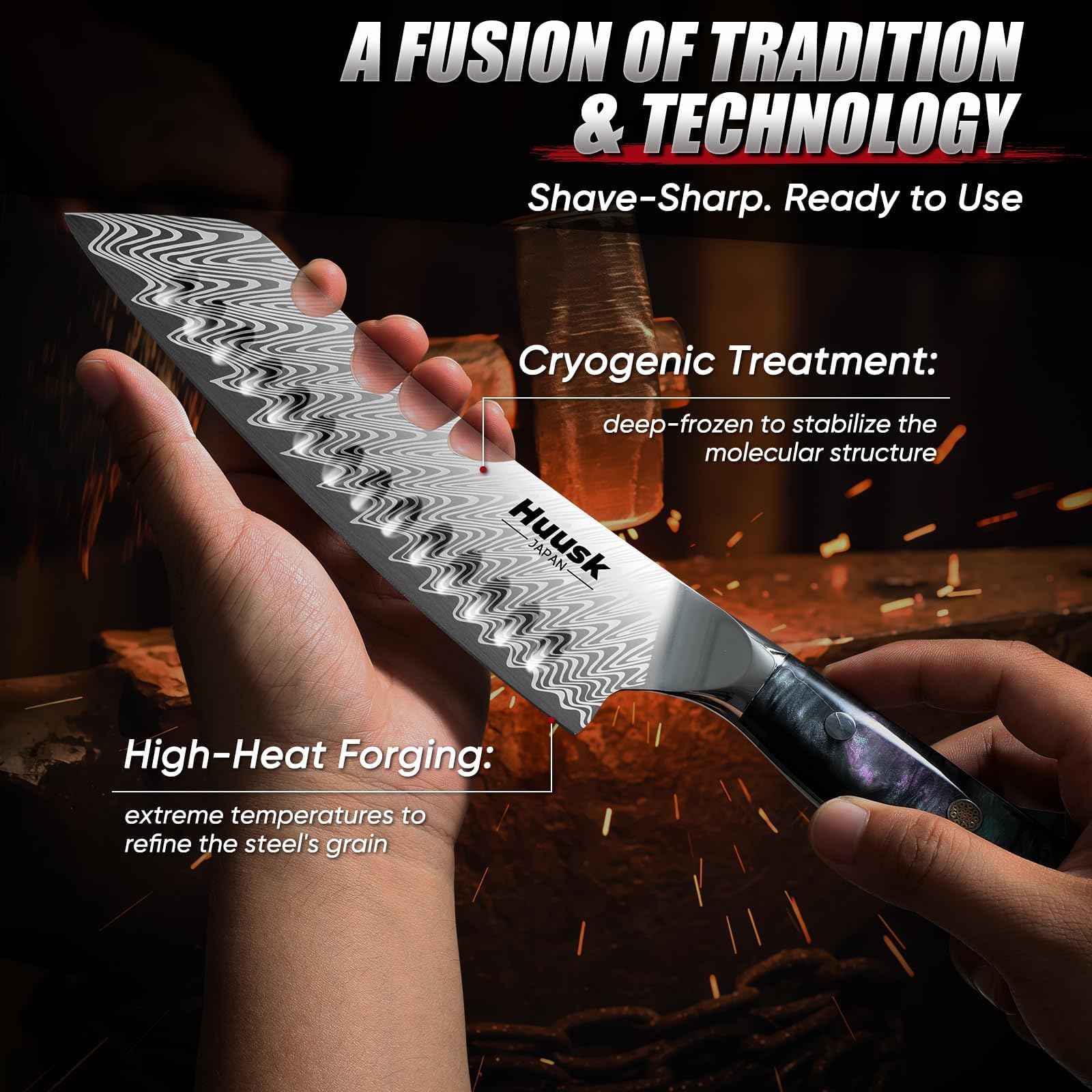 Huusk cuchillo santoku japonés, corte limpio y estable en la cocina.