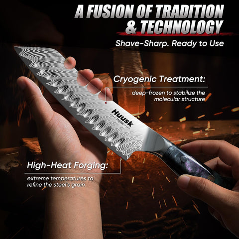 Huusk cuchillo santoku japonés, corte limpio y estable en la cocina.