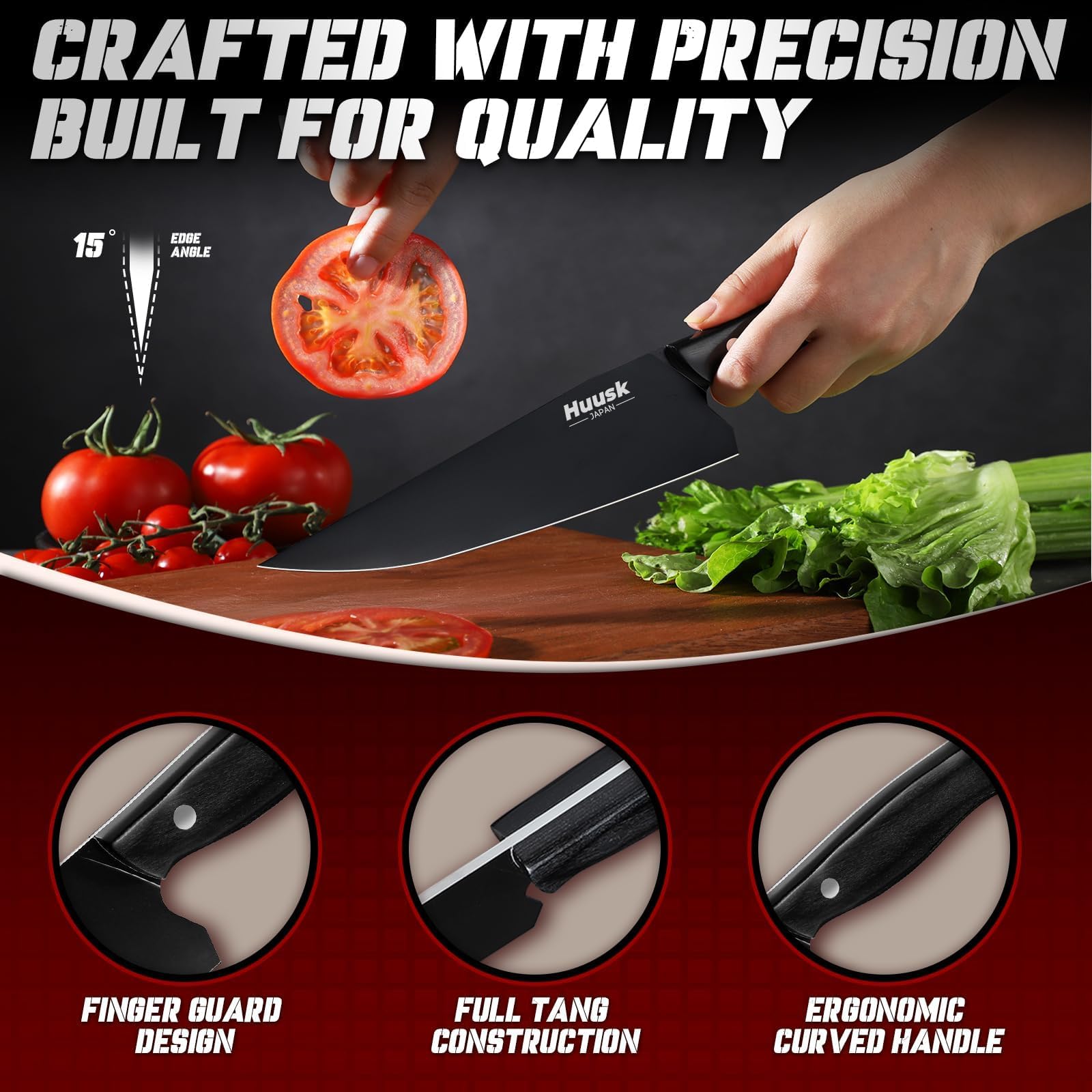 Cuchillo Huusk utilitario negro titanio, corte preciso para frutas y hierbas.