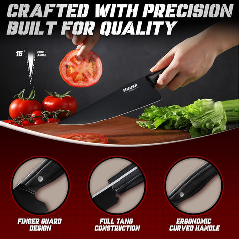 Cuchillo Huusk utilitario negro titanio, corte preciso para frutas y hierbas.