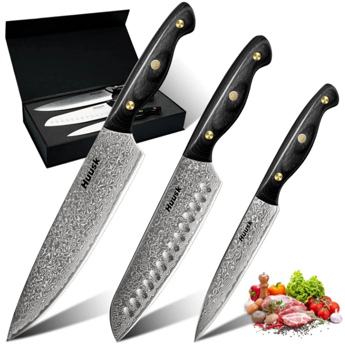 Cuchillos Huusk de chef damasco con mango de ébano para cortes limpios.