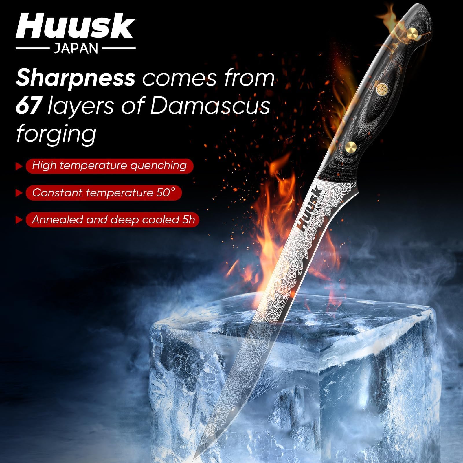 Huusk cuchillo damasco, enfoque en el filo, despiece preciso.