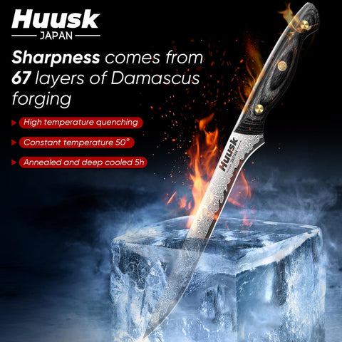 Huusk cuchillo damasco, enfoque en el filo, despiece preciso.