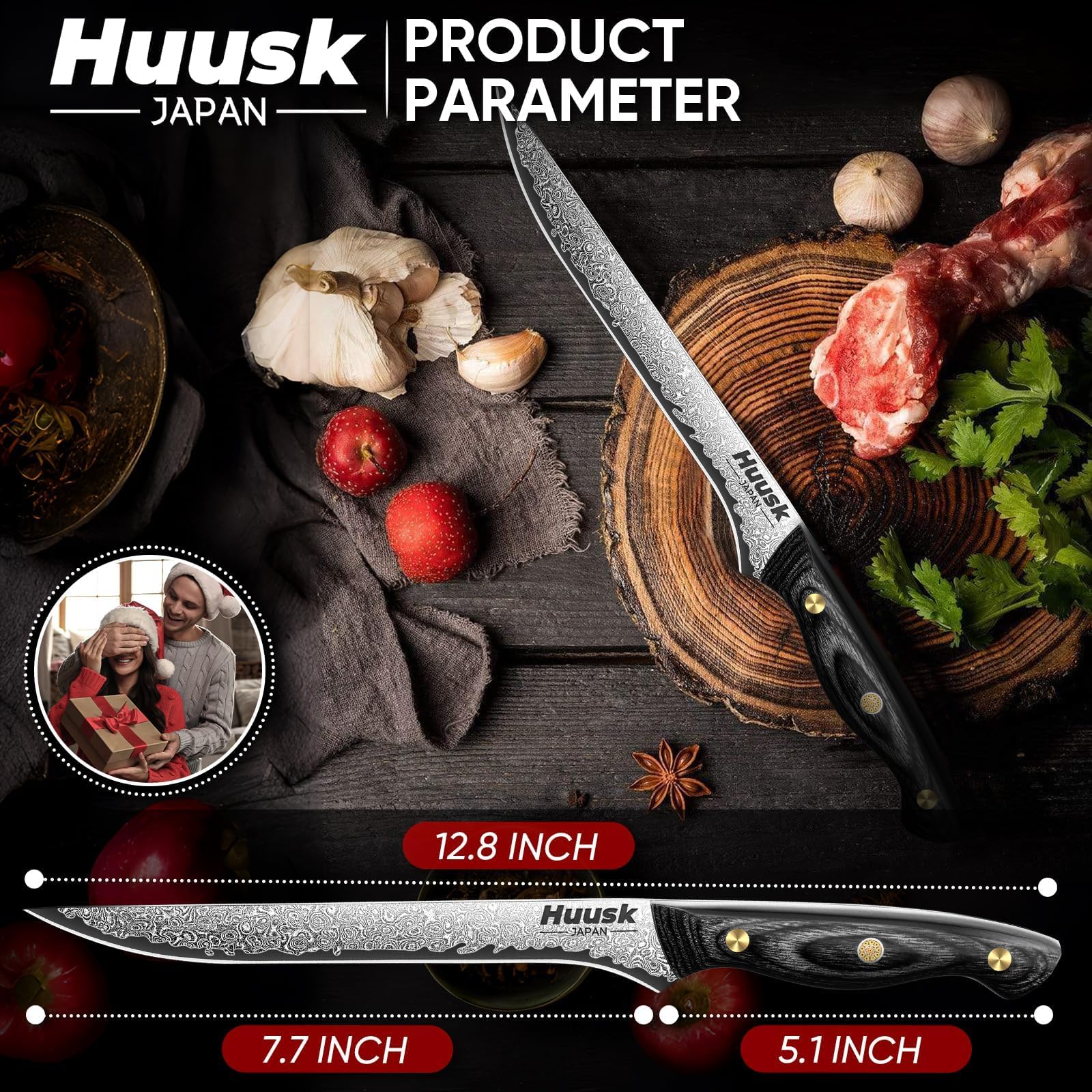 Huusk cuchillo con mango ébano, toma cercana del balance perfecto.