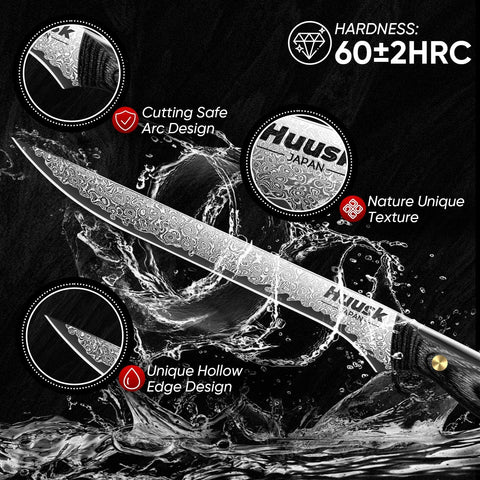 Huusk cuchillo para preparación de carne, primer plano de la hoja.