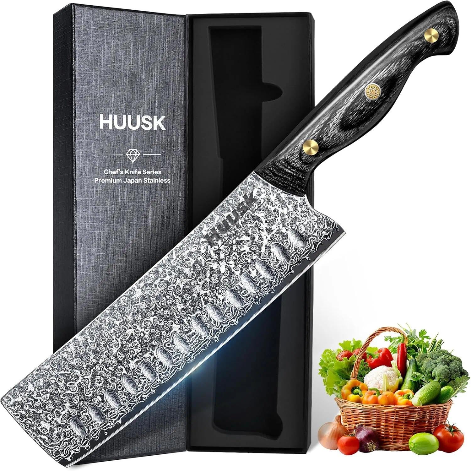 Huusk Nakiri damasco con hoja afilada para cortes precisos de verduras.