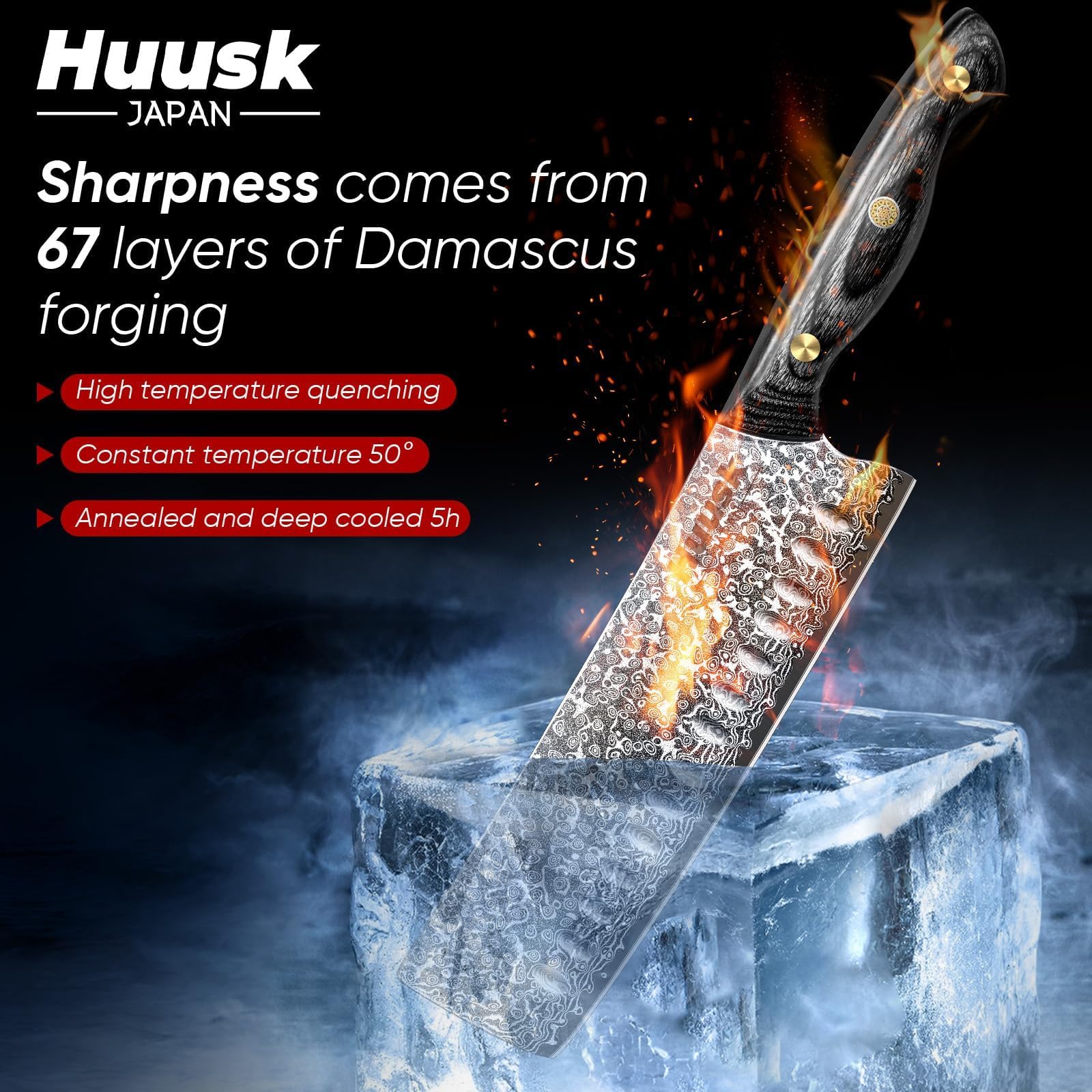 Huusk Nakiri damasco con mango de ébano para agarre cómodo.