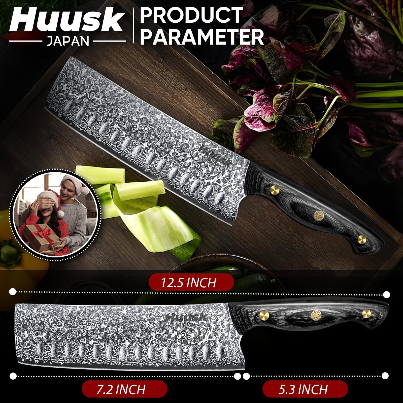 Huusk Nakiri damasco como regalo premium para chef doméstico.