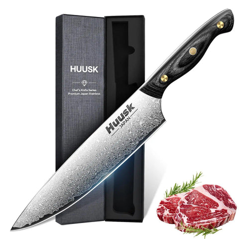 Cuchillo Huusk con hoja damasco de 8 pulgadas para rebanar con precisión.