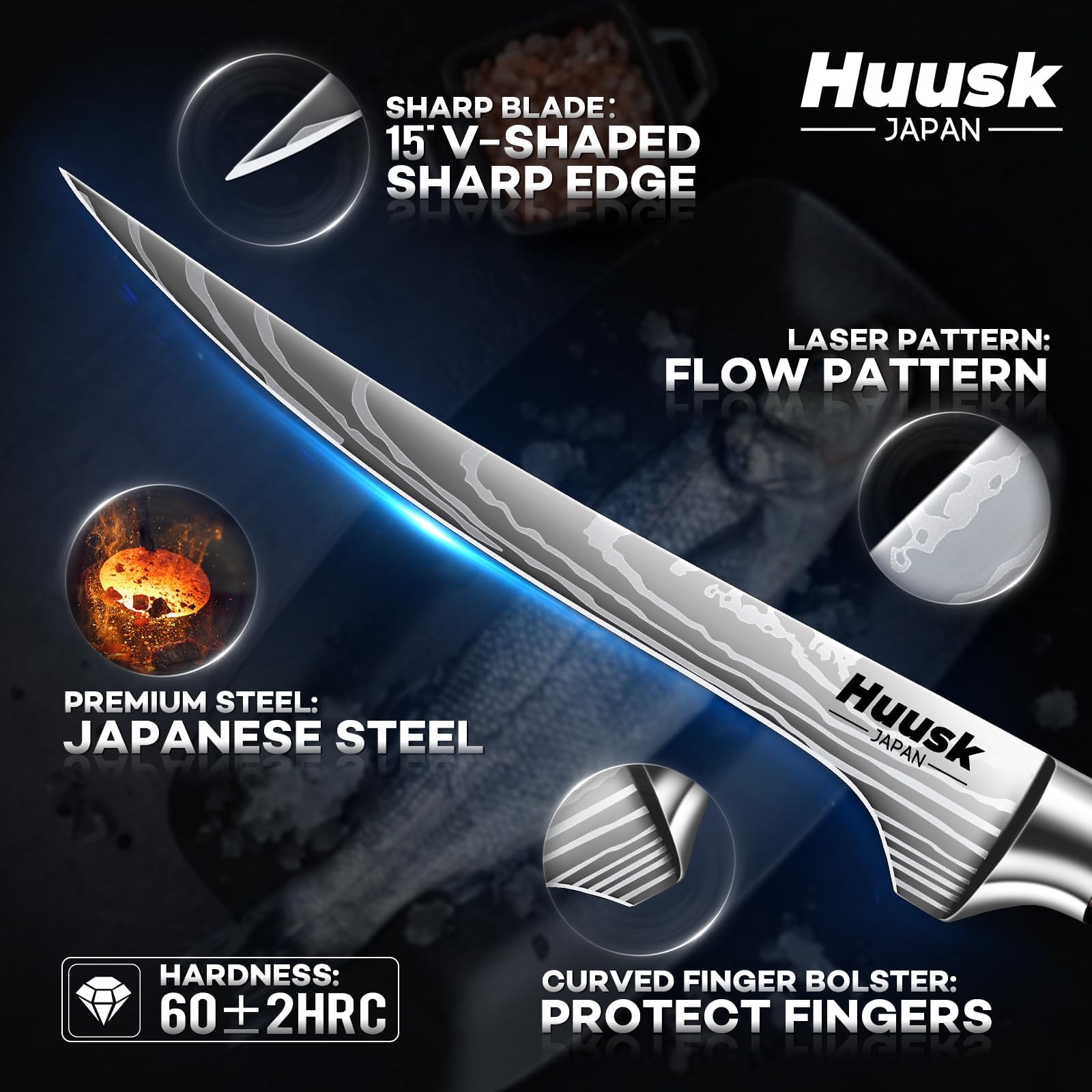 Huusk cuchillo filete con mango de madera ergonómico para uso prolongado.