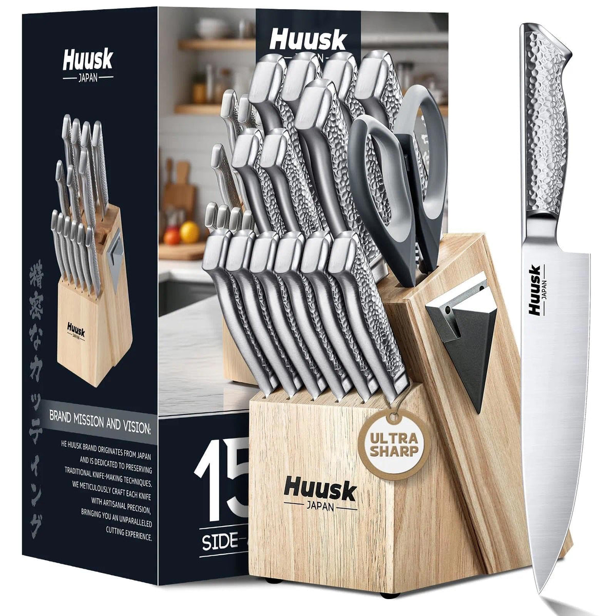 Huusk conjunto de cuchillos 15 piezas sobre bloque para corte preciso.