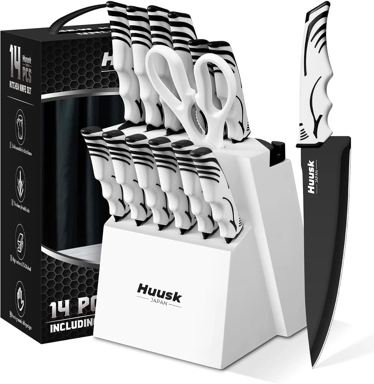 Conjunto Huusk de cuchillos blanco con soporte de madera, óptimo para encimera ordenada.