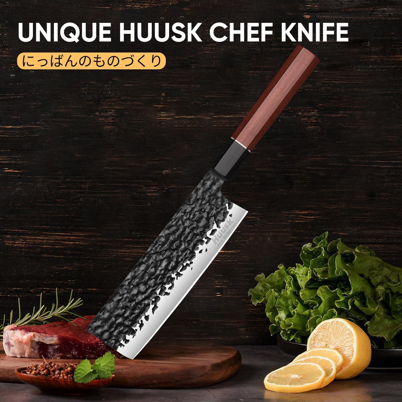 Huusk Nakiri en acción: peso balanceado para cortar verduras rápida y limpia
