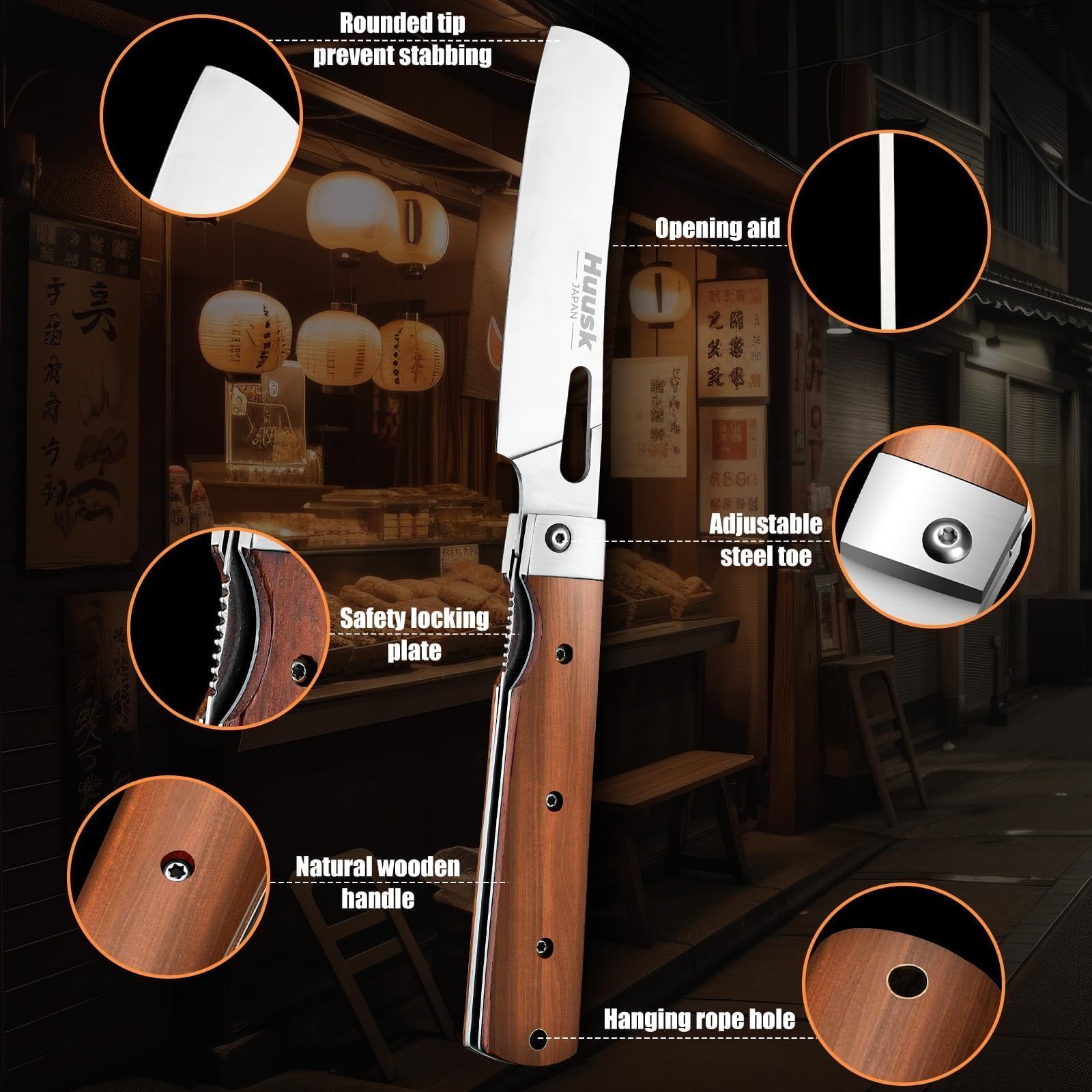 Huusk Nakiri: diseño plegable y portátil para llevarlo a la cocina, camping o barbacoa.