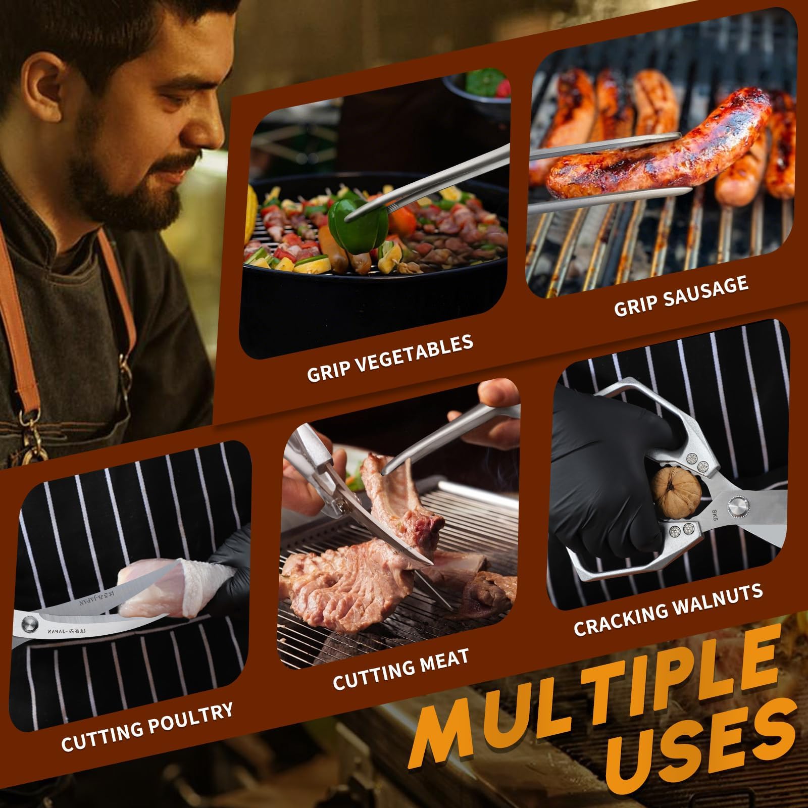 HUUSK pinzas de barbacoa de acero inoxidable para voltear carne con agarre seguro