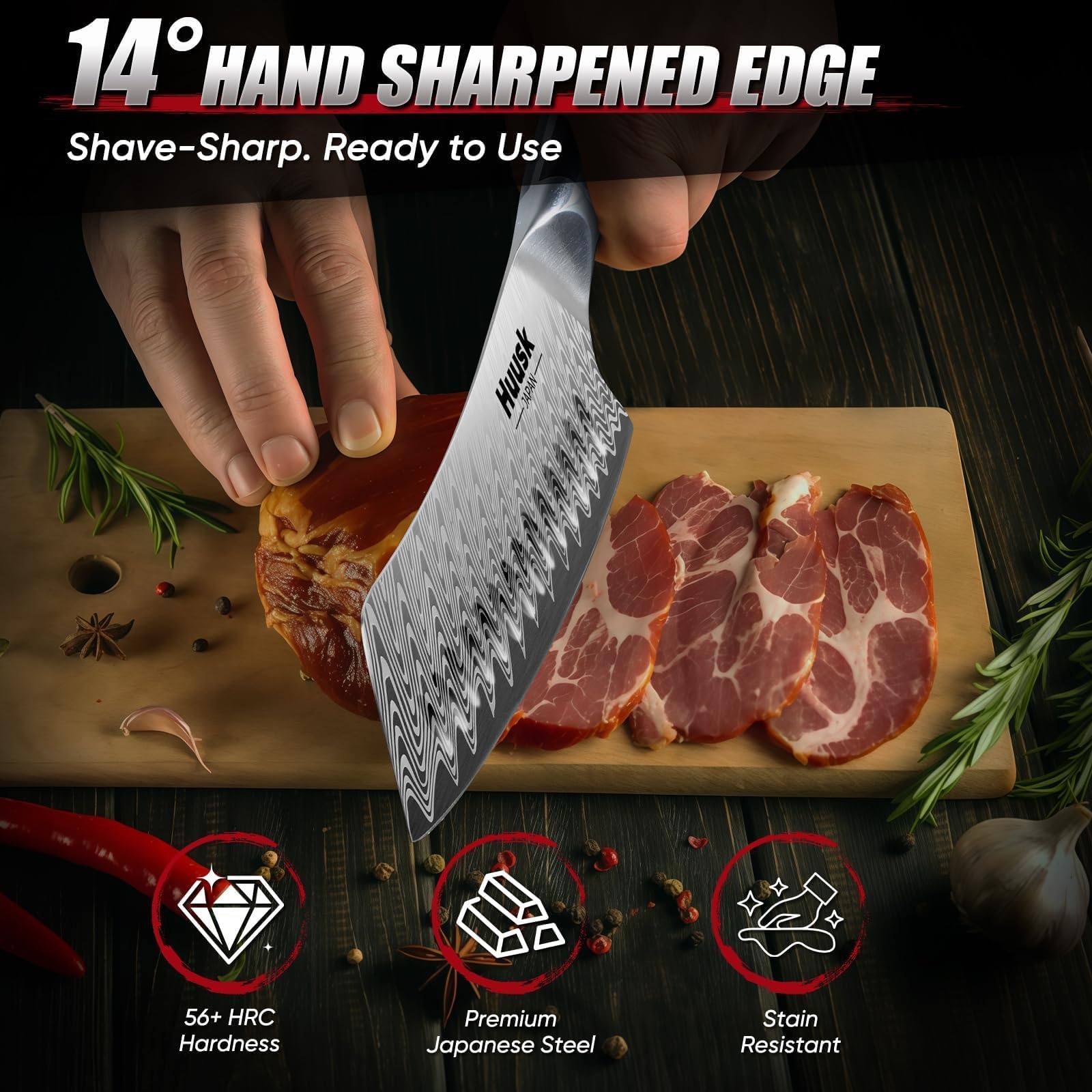 Huusk Santoku 7 pulgadas, borde Granton reduce adherencia al cortar.
