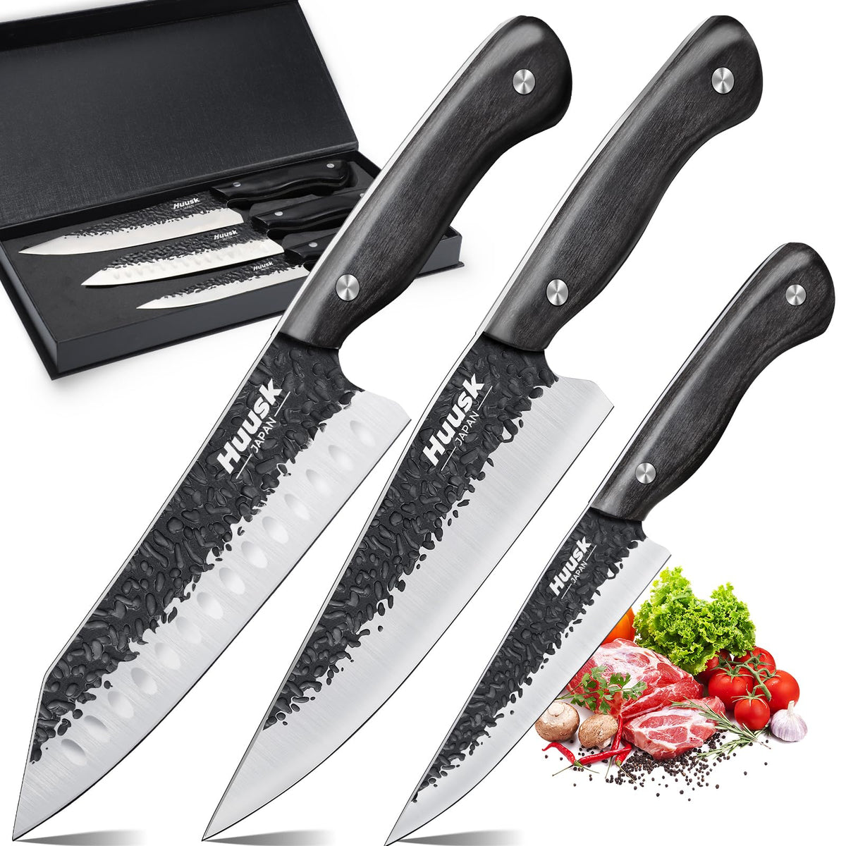 Conjunto Huusk: cuchillos japoneses con hoja destacada para cortes precisos.