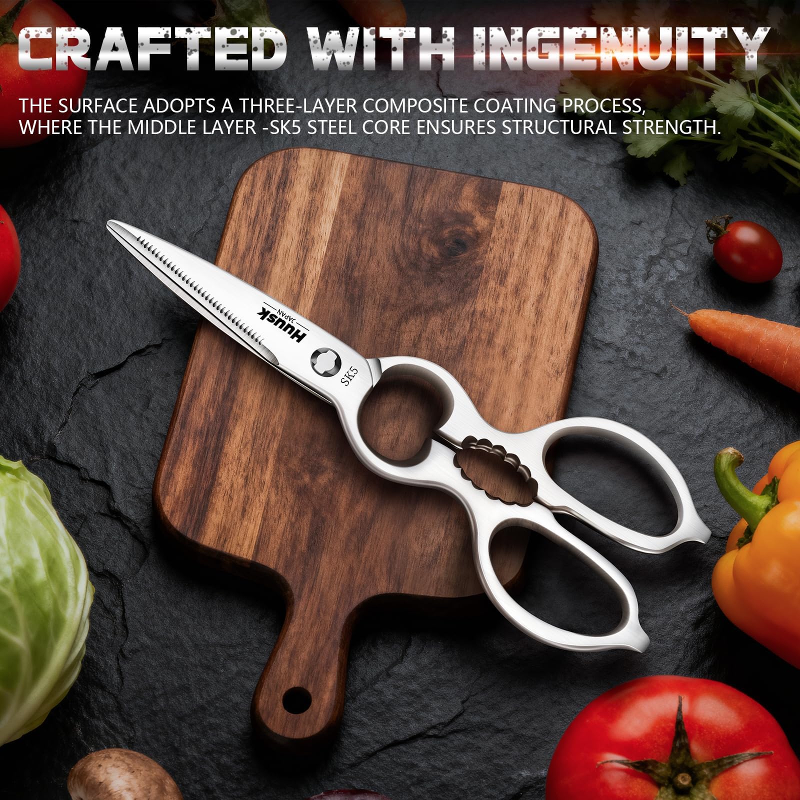 Huusk tijeras de cocina con mango curvo ergonómico para menos fatiga.
