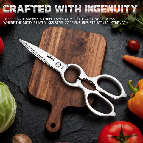 Huusk tijeras de cocina con mango curvo ergonómico para menos fatiga.