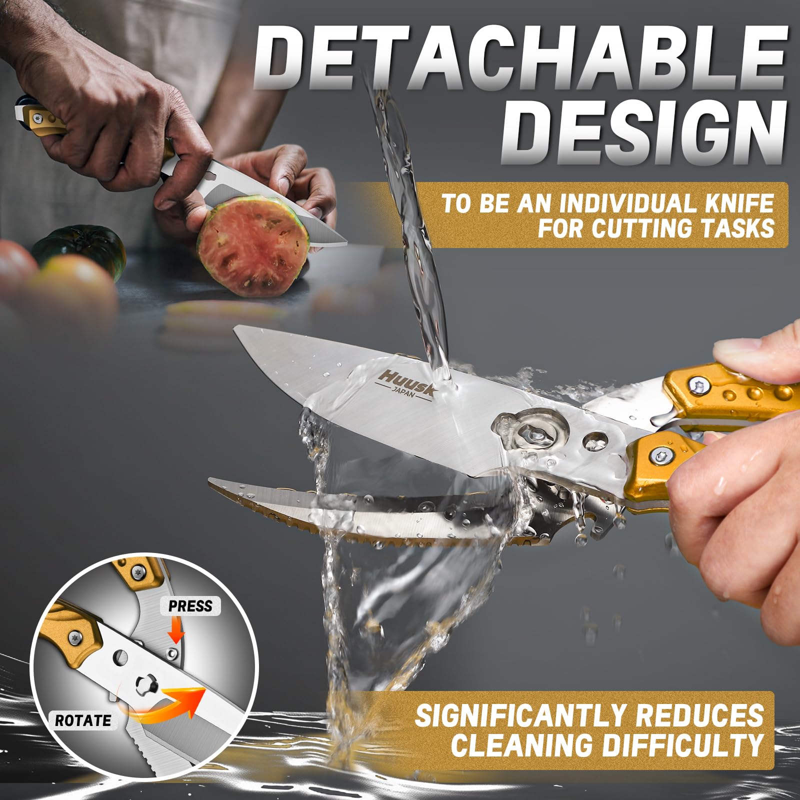 Huusk Tijeras de cocina doradas con agarre ergonómico para uso seguro y cómodo.