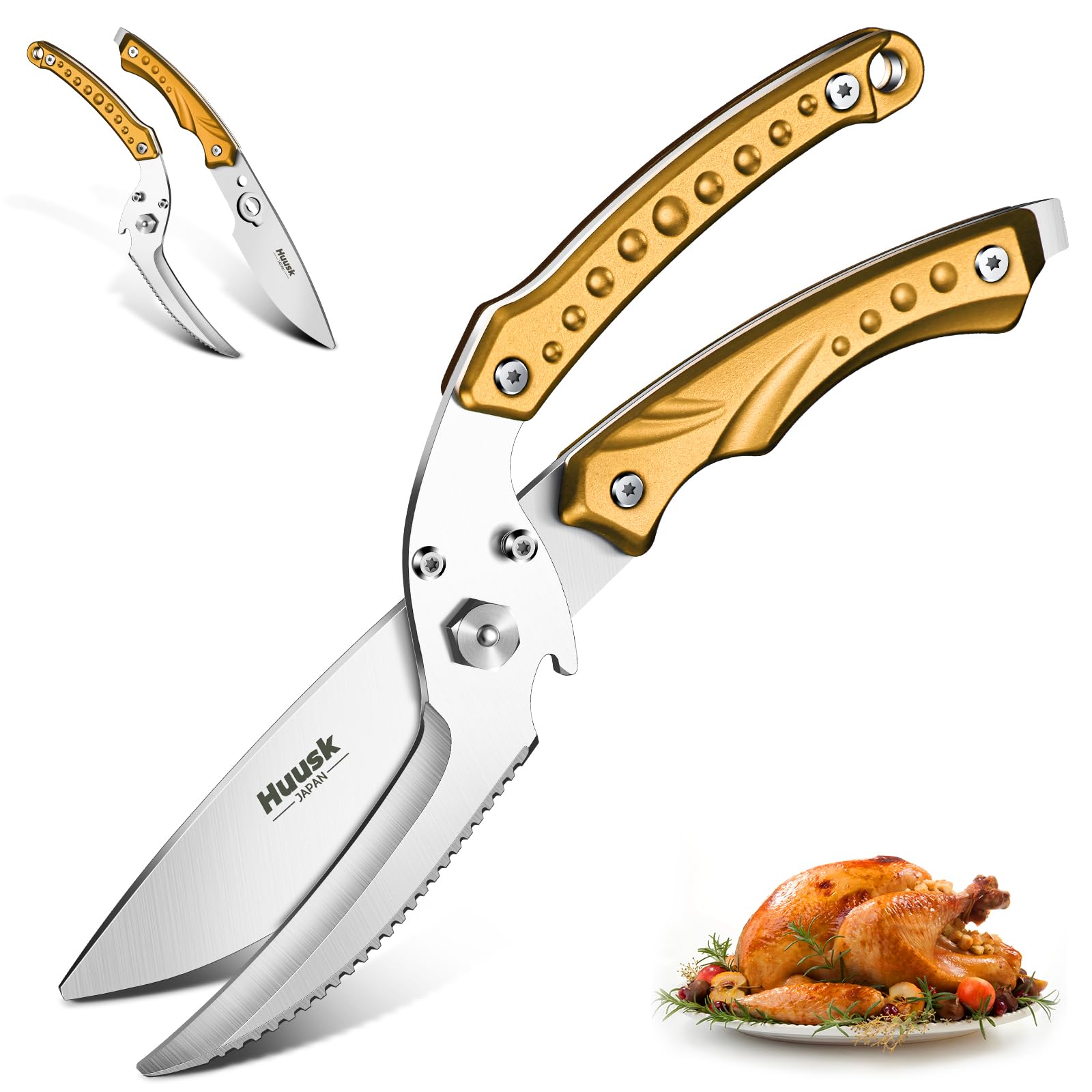 Huusk Tijeras de cocina doradas que cortan el pollo con precisión profesional.