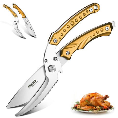 Huusk Tijeras de cocina doradas que cortan el pollo con precisión profesional.