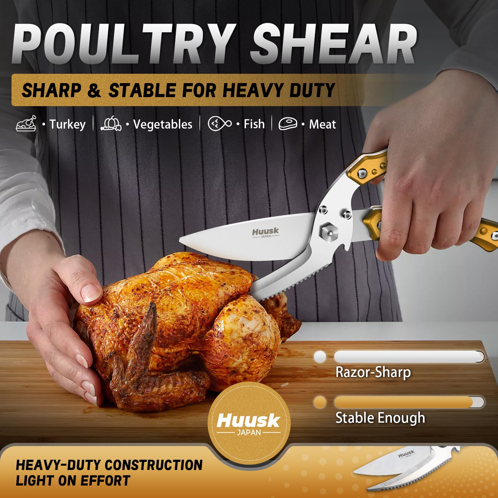 Huusk Tijeras de cocina doradas desmontables para convertirlas en cuchillo versátil.