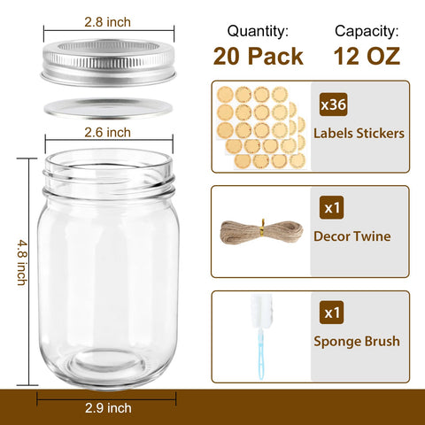 HWASHIN jarras mason 12oz tapa acero plateado, cierre hermético para almacenamiento