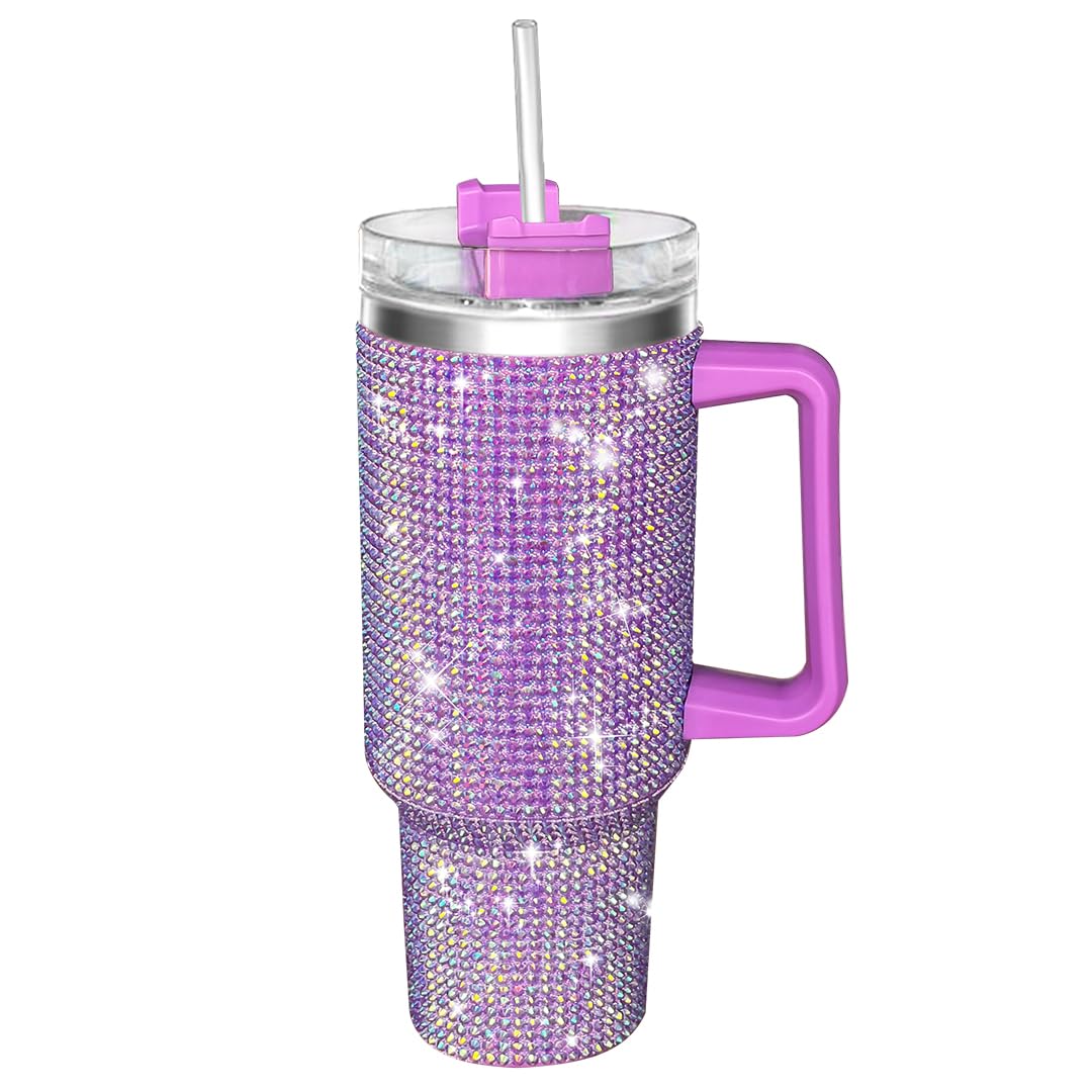 HWISDMIG tumbler 40oz con manija y brillos, ideal para mantener bebidas a temperatura.