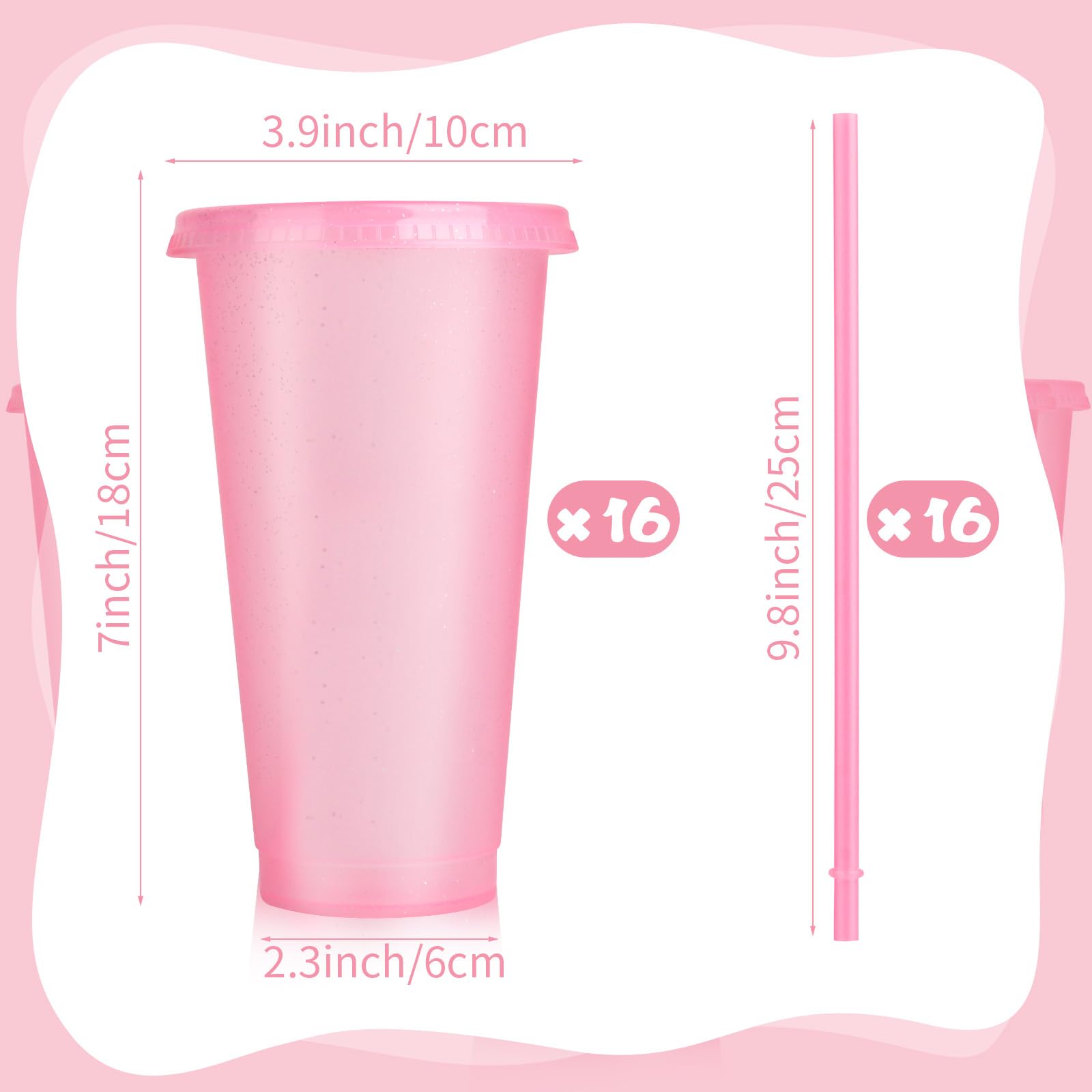 Hxezoc copas glitter rosa con tapa y pajitas, perfectas para fiestas al aire libre.
