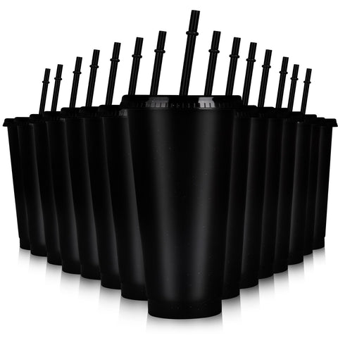 Hxezoc copa reutilizable con tapa y paja 24 onzas negro brillo, ideal para fiestas.