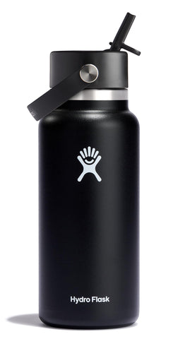 Hydro Flask 32 oz con boca ancha en negro, ideal para bebidas frías duraderas.