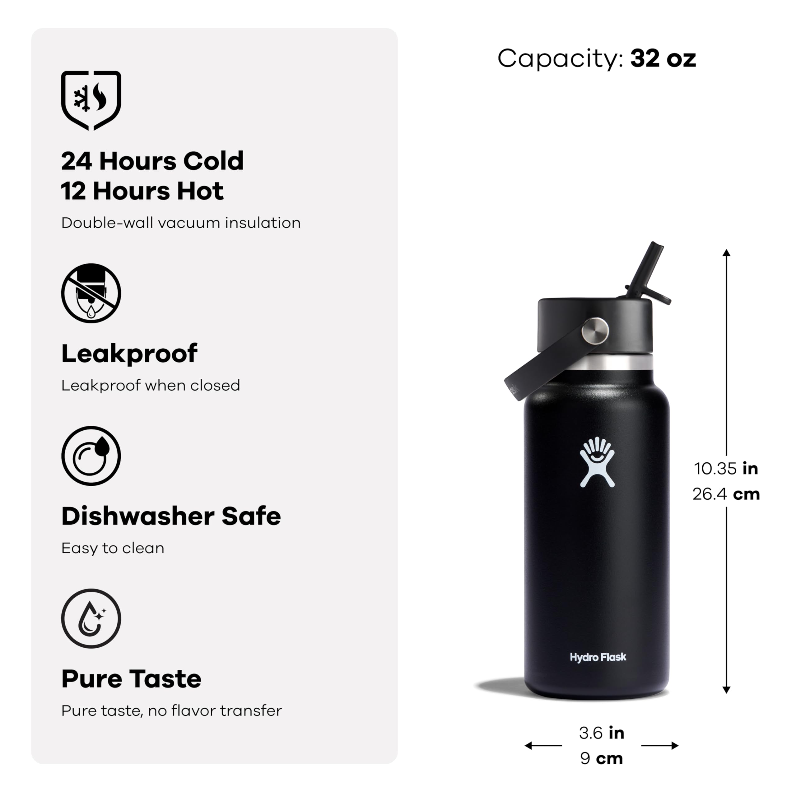 Hydro Flask 40oz apto para lavavajillas con tapa desmontable para limpieza.