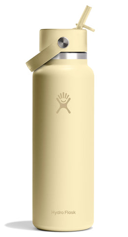 Hydro Flask 40oz boca ancha con tapa flexible y cierre hermético para viajes sin derrames.