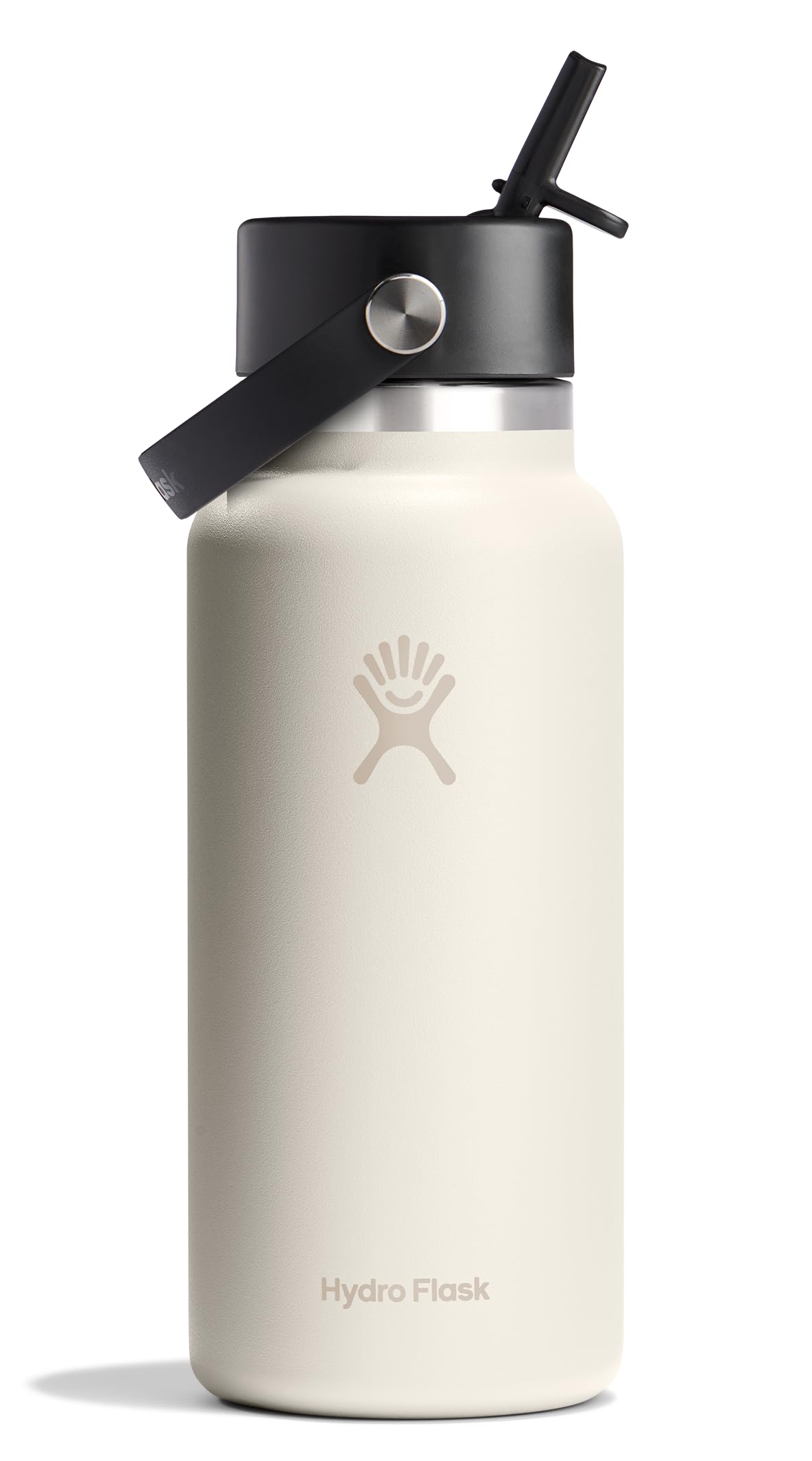 Hydro Flask botella marfil de boca ancha con tapa de paja flexible para sorbos fáciles.