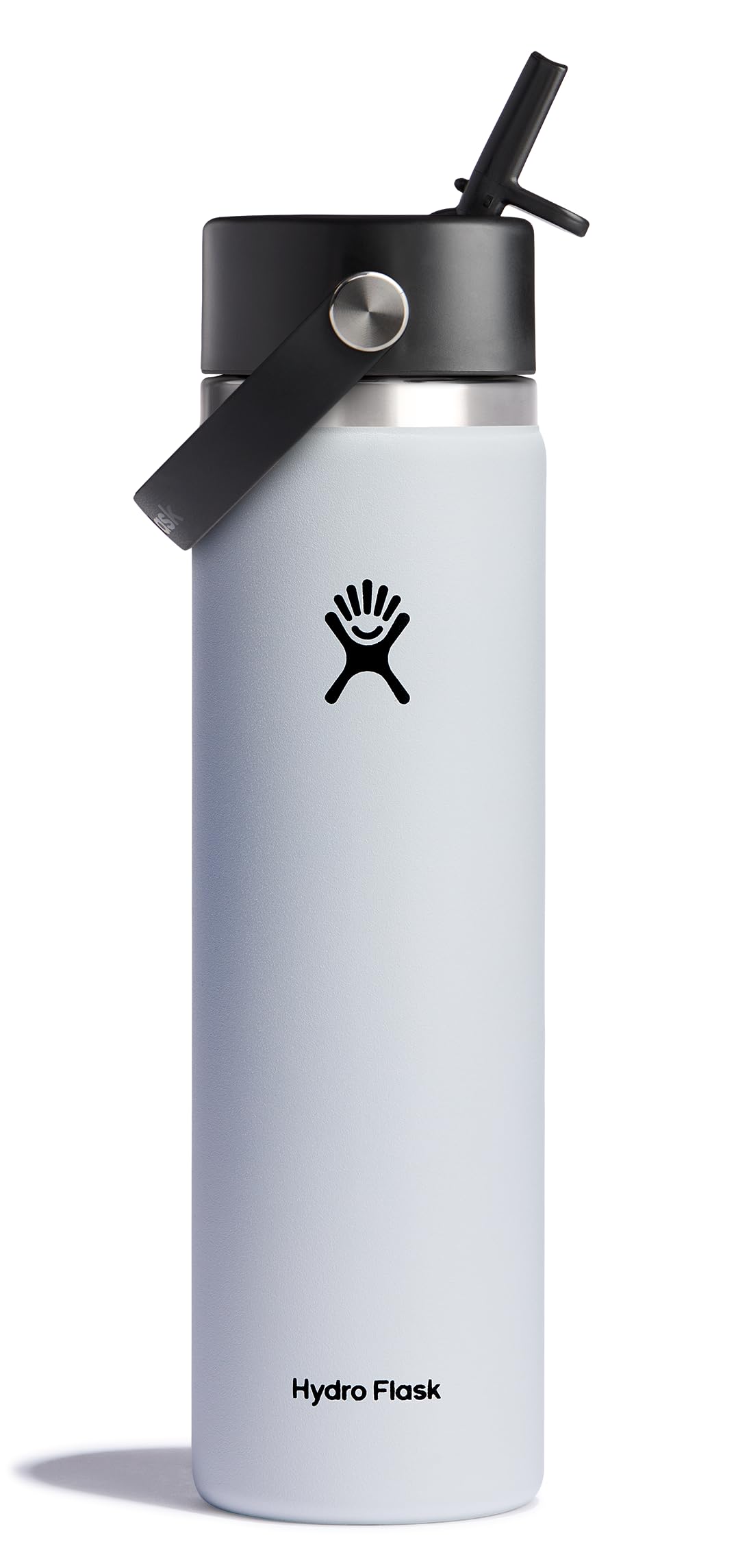 Hydro Flask 24 oz blanca con tapa pajilla, uso con una mano.