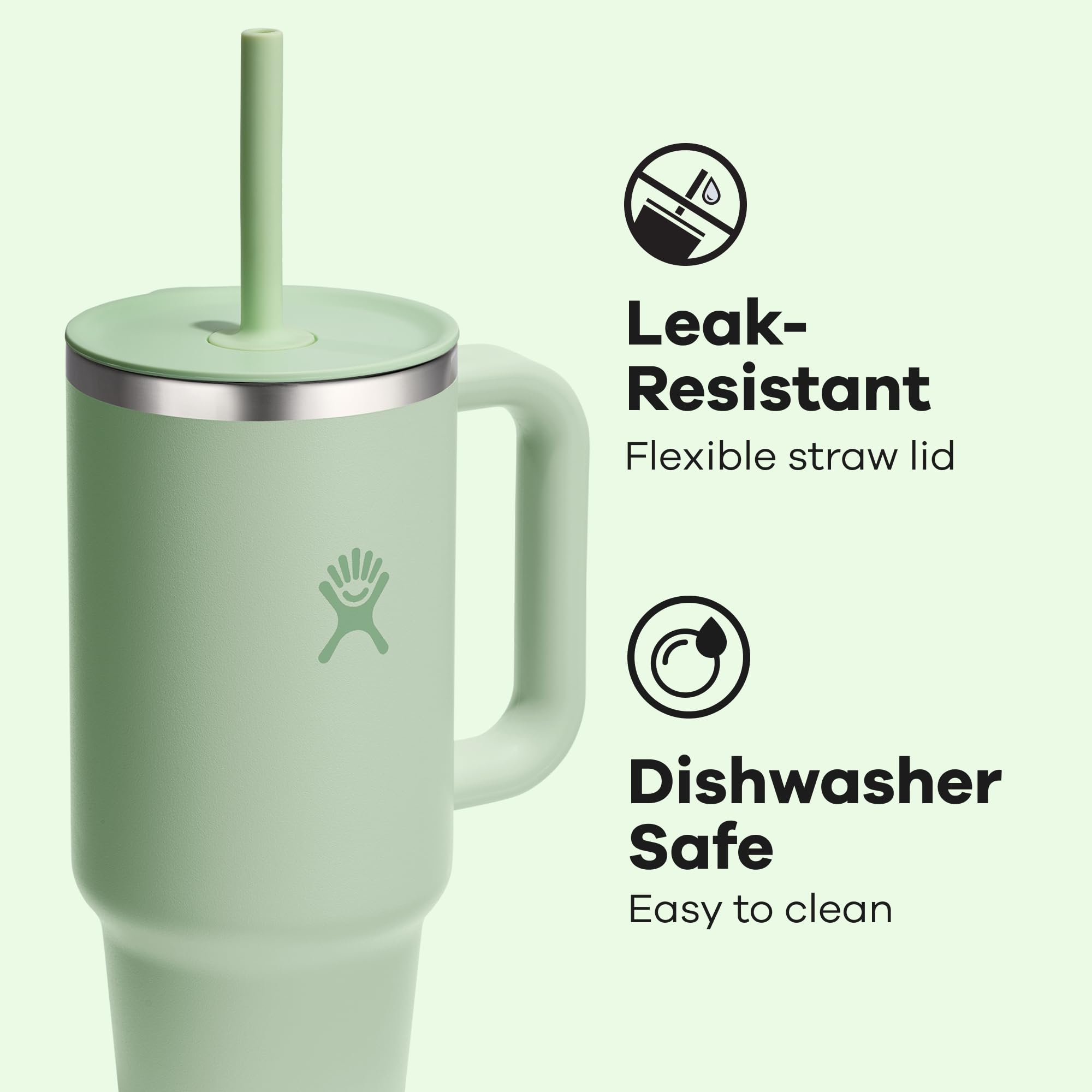 Hydro Flask Travel Tumbler 40 oz Verde Aloe en tono monocromo.