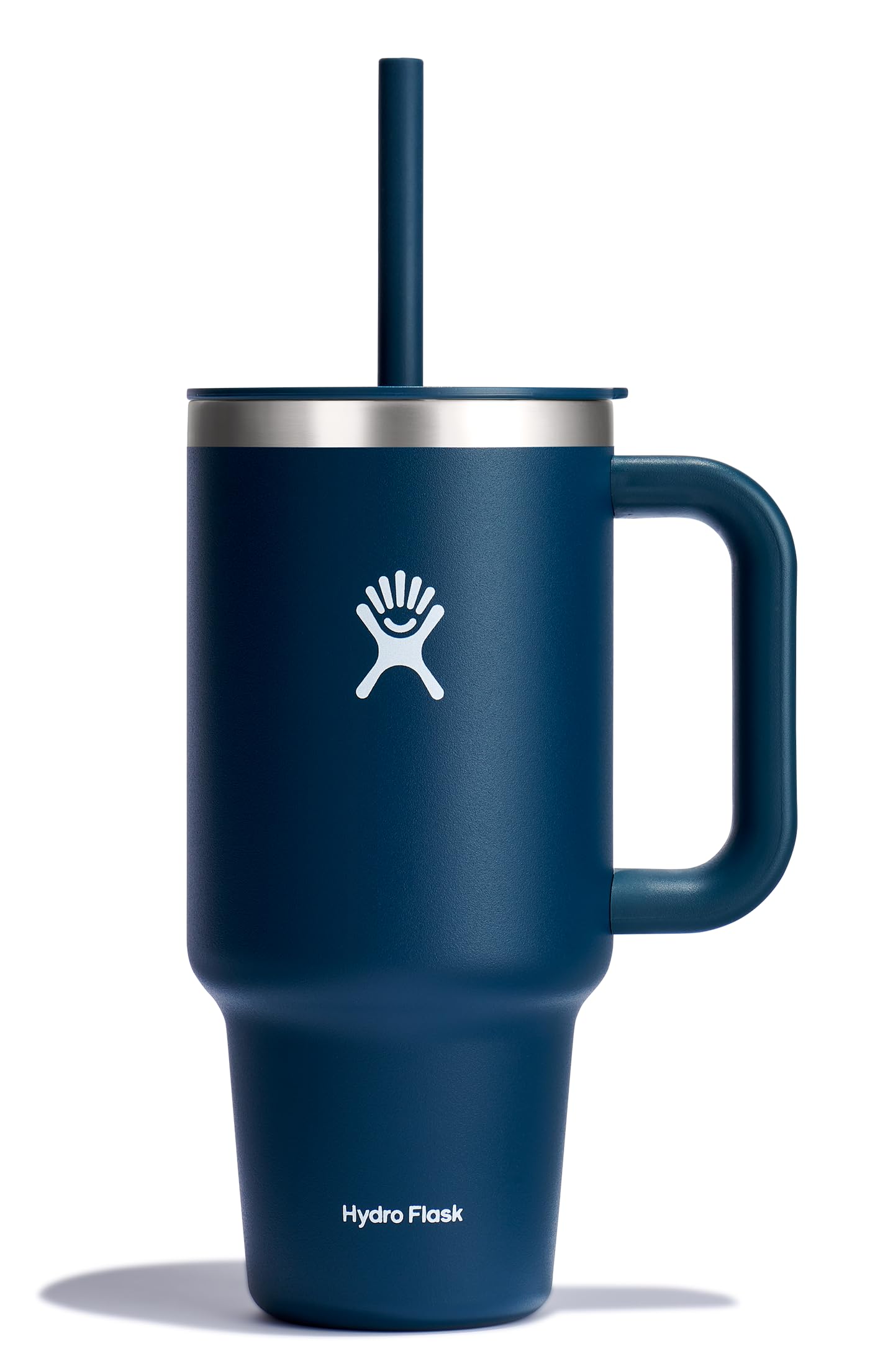 Hydro Flask Travel Tumbler índigo con asa ergonómica para transporte cómodo.